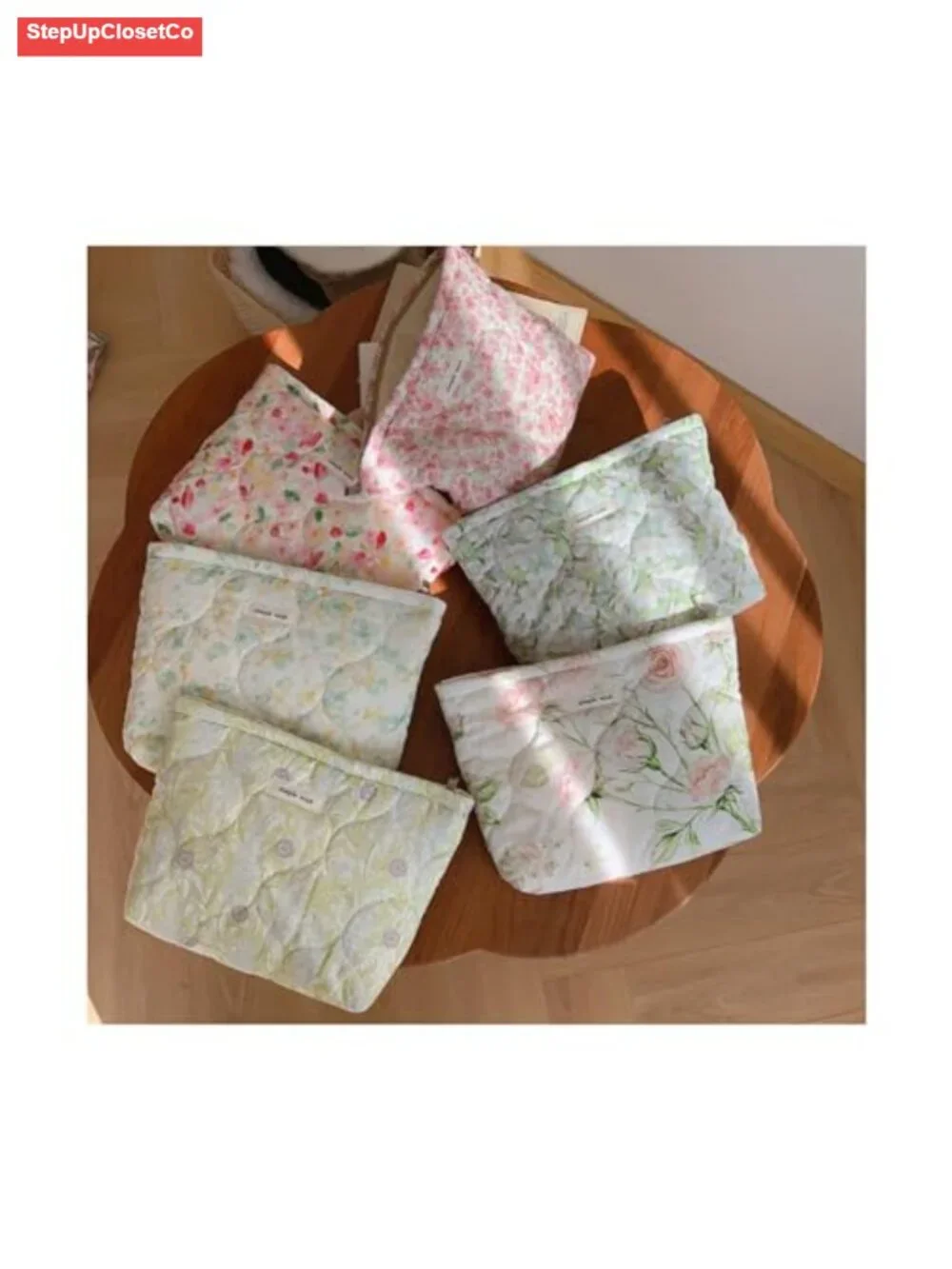 Quilted Floral Cotton Makeup Pouch Cosmetic Bag Organizer for Women Girls